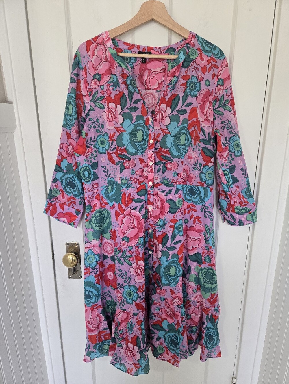 Talbots Women's Sketched Blooms Midi Shirtdress Size L Pink Preppy Garden Party